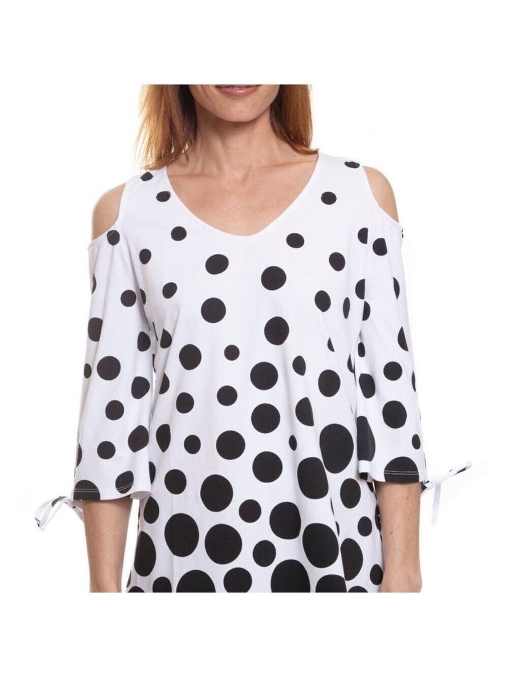 Vecceli Italy Cold Shoulder V-Neck Tunic White Black Dots Size S - Picture 2 of 13